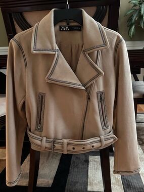 ZARA Beige Belted Moto Jacket with Contrast Trim.New!!!